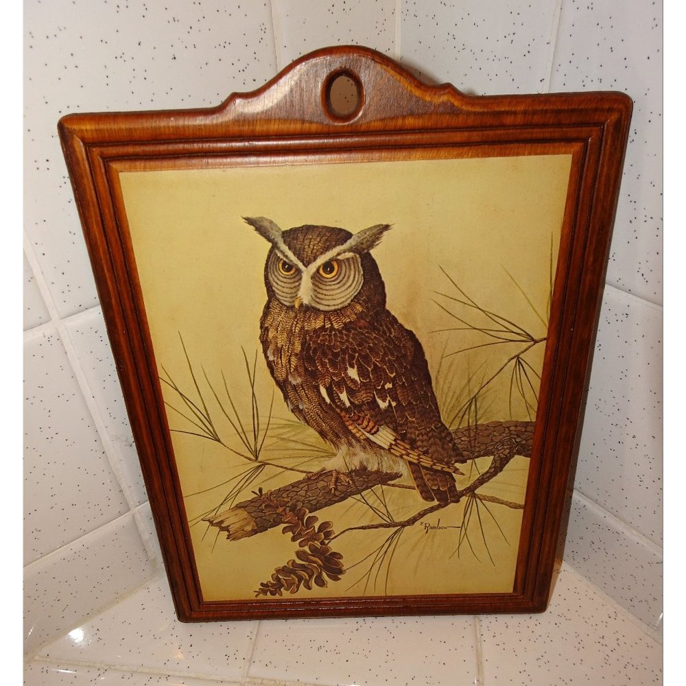 Vintage E Rambow Great Horned Owl Art on Wood Wall Hanging bird of prey plaque
